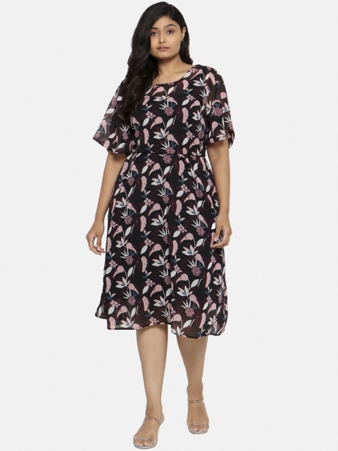 

The Pink Moon Women Black Printed Fit and Flare Dress
