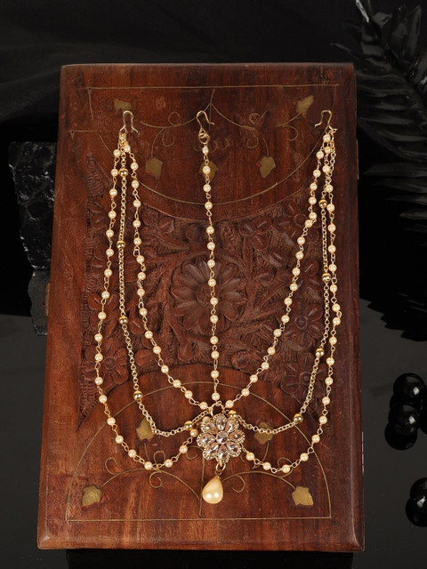 

ANIKAS CREATION Women Gold-Plated Cream-Coloured Beaded Multi-Stranded Handcrafted Matha Patti