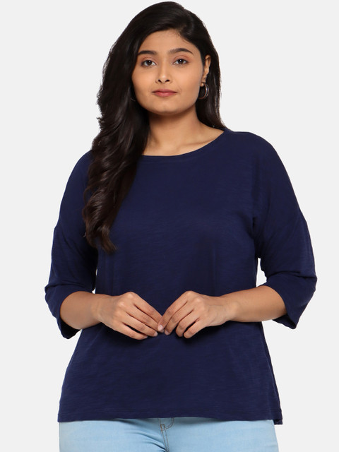 

The Pink Moon Women Navy Blue Solid Round Neck T-shirt