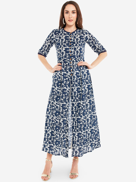 

Desi Weavess Women Navy Blue & Off-White Printed Straight Kurta