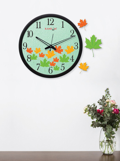 

RANDOM Black & Sea-Green Printed Analogue Wall Clock with 3 Autumn Leaf Shape Plaques