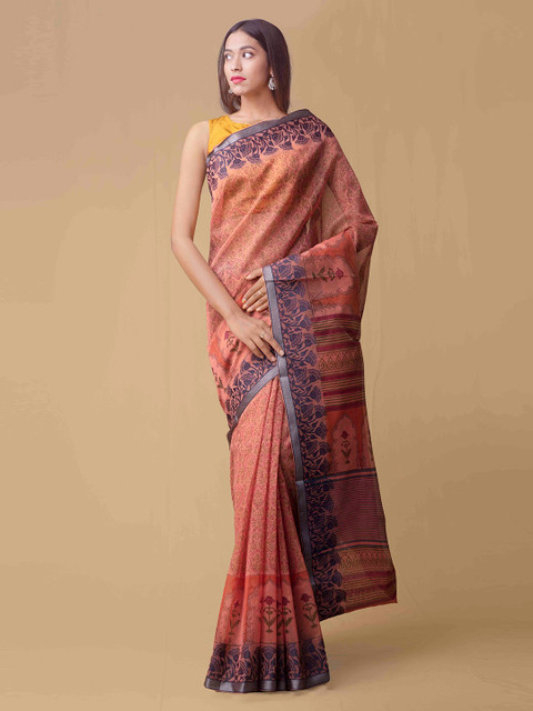 

Unnati Silks Orange Printed Supernet Saree