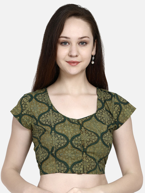 

Molcha Women Green & Beige Ajrak Printed Readymade Saree Blouse