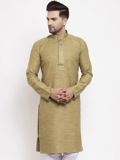 

Jompers Men Olive Green Woven Design Straight Kurta