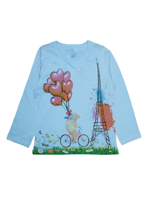 

KiddoPanti Girls Blue Printed V-Neck T-shirt