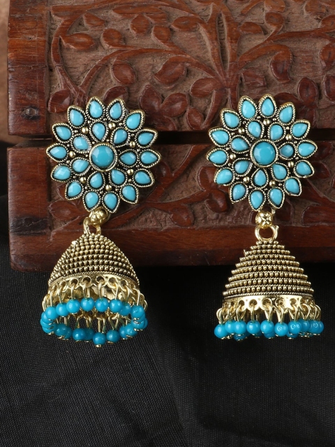 

ANIKAS CREATION Turquoise Blue & Gold-Plated Enamelled Dome Shaped Jhumkas