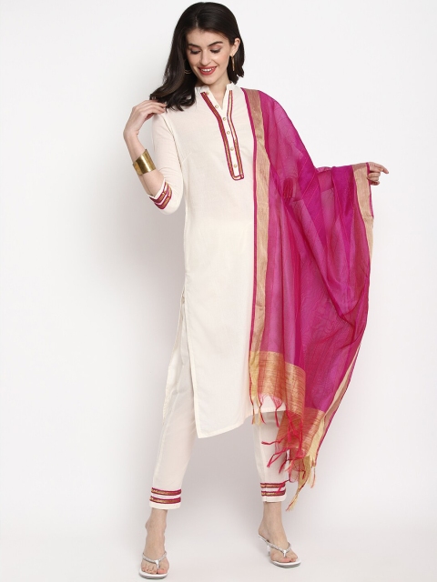 

Tulsattva Women White & Pink Solid Kurta with Trousers & Dupatta