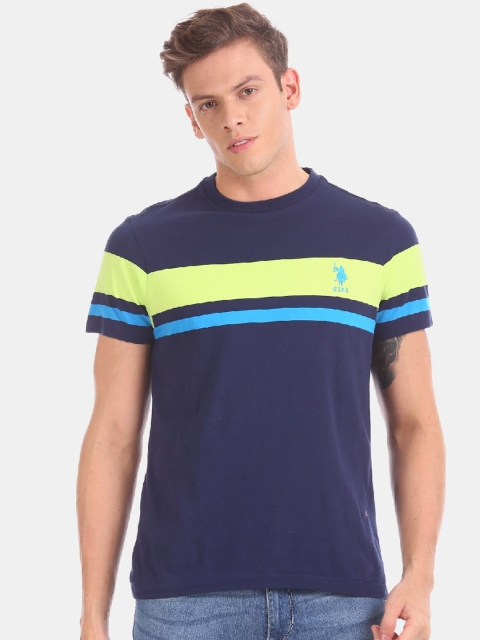 

U.S. Polo Assn. Men Navy Blue Fluorescent Green Striped Round Neck Pure Cotton T-shirt