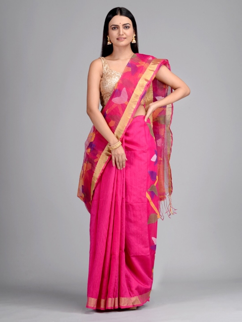 

Mitera Pink Silk Blend Printed Taant Saree