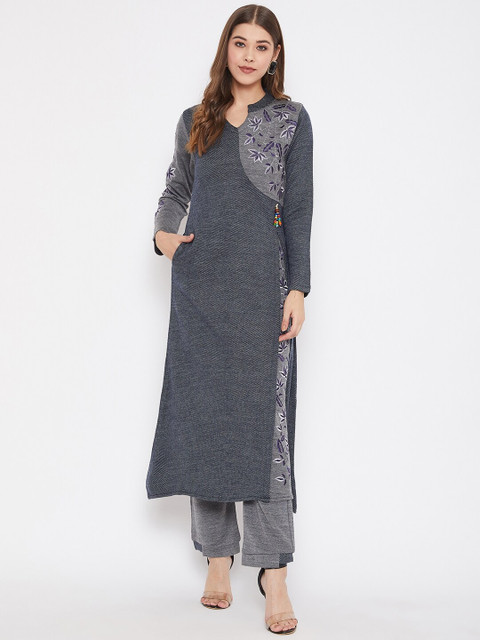 

Zigo Women Navy Blue & Grey Embroidered Kurta with Trousers