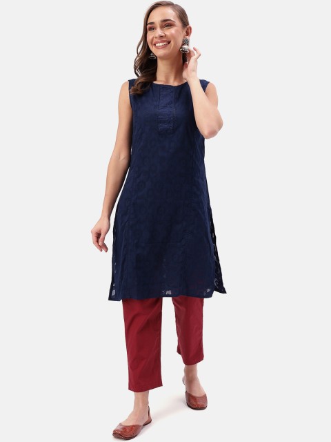 

Saaki Women Navy Blue Solid A-Line Kurta