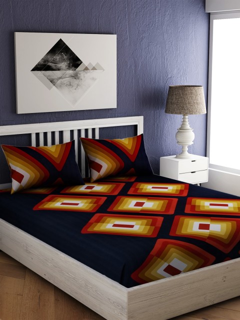

EverHOME Navy Blue & Red Geometric Printed 300 TC Double King Bedsheet With 2 Pillow Covers