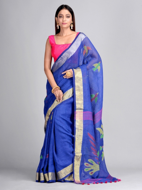 

Mitera Blue & Gold-Coloured Pure Linen Woven Design Taant Saree