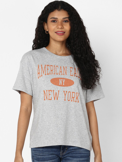

AMERICAN EAGLE OUTFITTERS Women Grey Printed Round Neck T-shirt