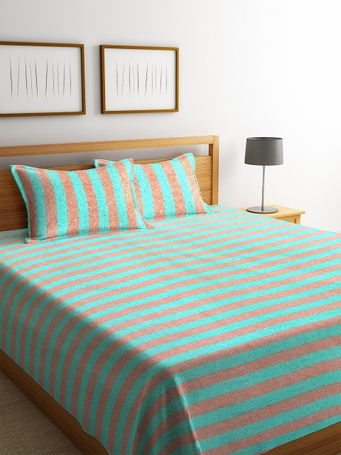 

KLOTTHE Brown & Green Striped Sustainable Double Bed Cover With 2 Pillow Covers