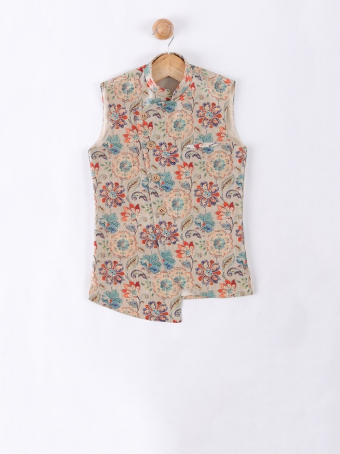 

NAMASKAR Boys Grey & Blue Woven-Design Asymmetric Hem Nehru Jacket