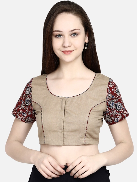 

Molcha Women Beige & Maroon Ajrak Printed Readymade Saree Blouse
