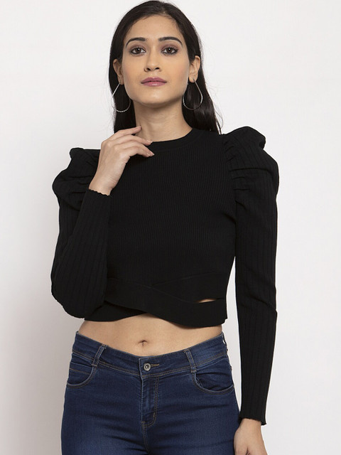 

Global Republic Women Black Solid Ribbed Cropped Pullover