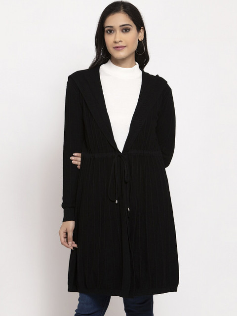 

Global Republic Women Black Stripe Patterned Hooded Longline Front Open Cardigan