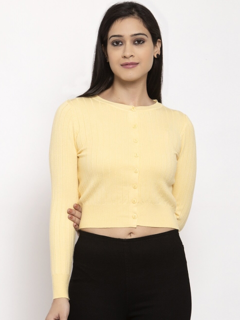 

Global Republic Women Yellow Stripe Patterned Crop Cardigan Sweater