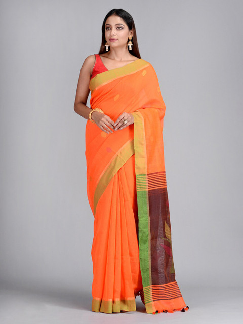 

Mitera Orange & Maroon Cotton Blend Printed Taant Saree