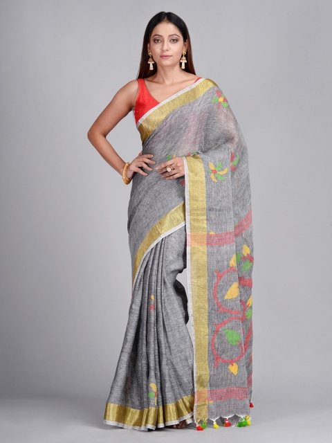 

Mitera Grey Pure Linen Printed Taant Saree