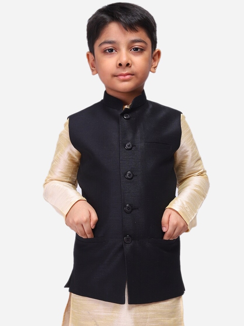 

NAMASKAR Boys Black Solid Woven-Design Nehru Jacket