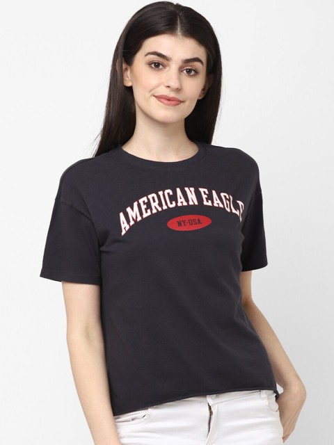 

AMERICAN EAGLE OUTFITTERS Women Black Printed Round Neck T-shirt