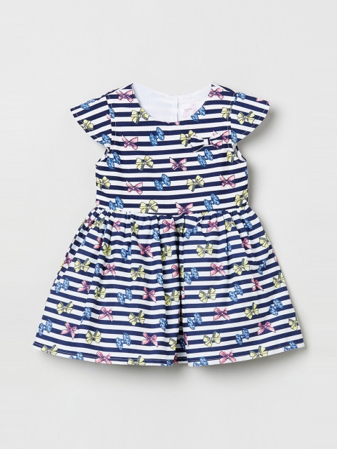 

max Girls Navy Blue & White Striped Fit and Flare Dress