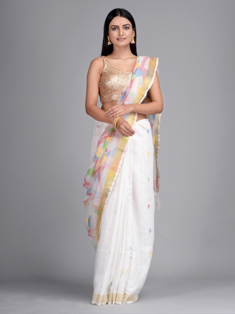

Mitera White & Pink Silk Blend Printed Taant Saree