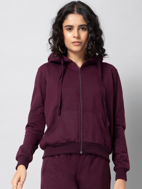 

FabAlley Women Burgundy Solid Hooded Sweatshirt