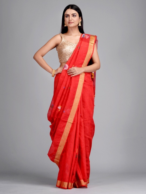 

Mitera Red & Gold-Toned Silk Blend Printed Taant Saree