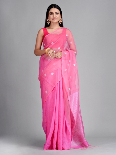 

Mitera Pink & Silver-Toned Pure Silk Woven Design Taant Saree