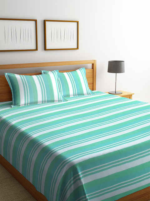 

KLOTTHE Green & White Striped Double King Bed Cover with 2 Pillow Cover