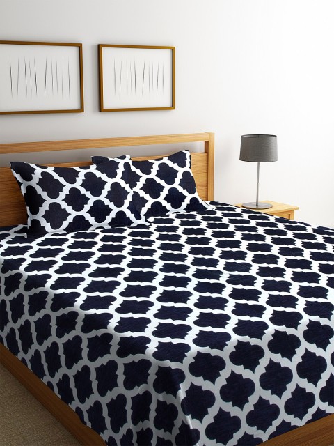 

KLOTTHE Navy Blue & White Woven-Design Sustainable Double Bed Cover With 2 Pillow Covers