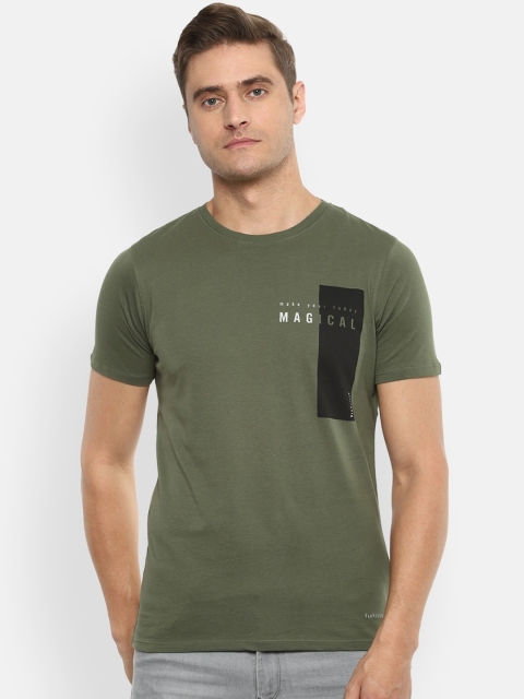 

V Dot Men Olive Green Printed Round Neck T-shirt