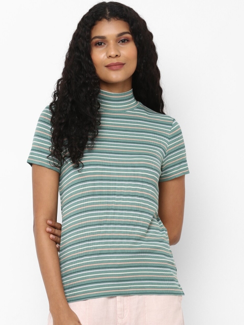 

AMERICAN EAGLE OUTFITTERS Women Green Striped High Neck T-shirt