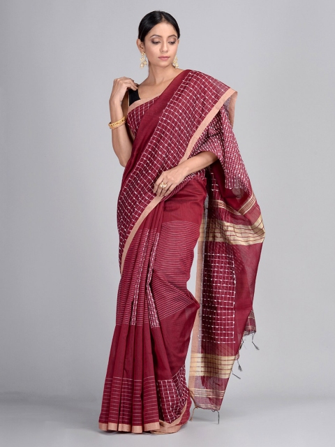 

Mitera Maroon & Gold-Toned Cotton Blend Woven Design Taant Saree