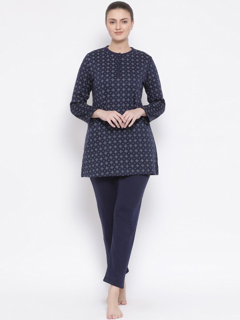 

Kanvin Women Navy Blue & White Printed Fleece Night Suit