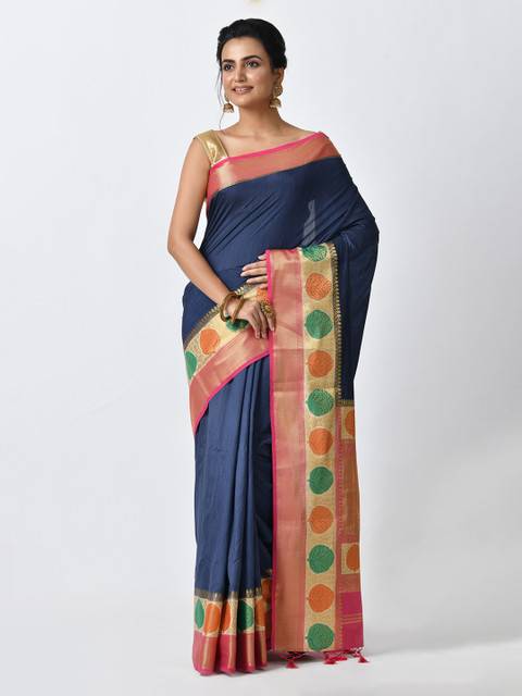 

RANGOLI Navy Blue & Peach-Coloured Art Silk Solid Saree