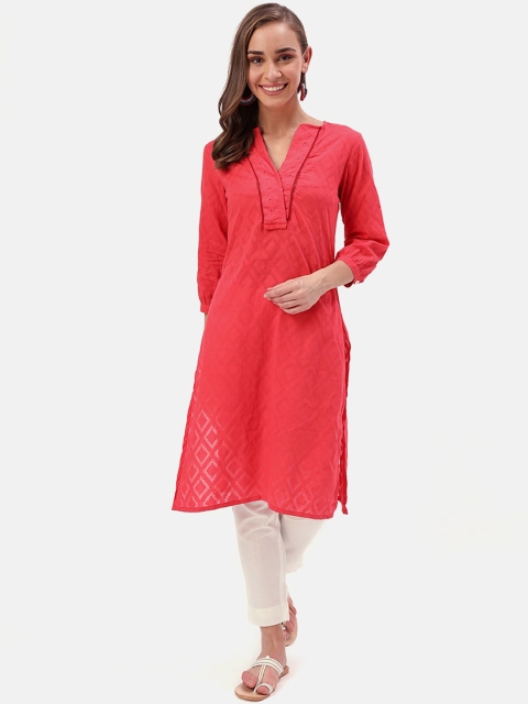 Saaki Women Red Woven Design Straight Kurta