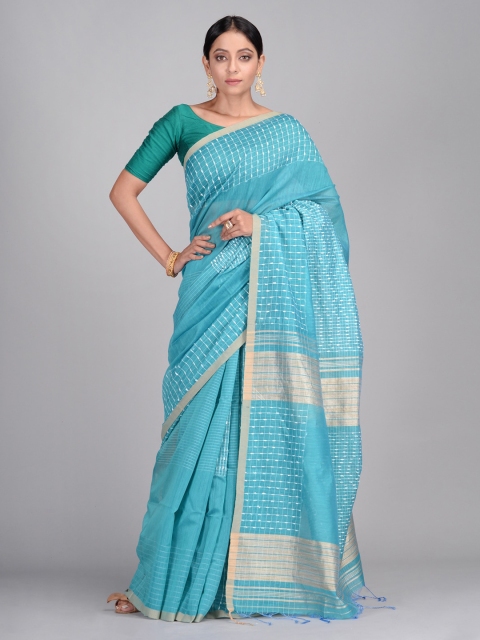 

Mitera Blue & White Cotton Blend Checked Taant Saree