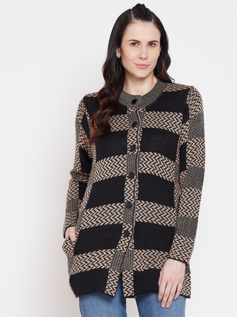 

NEVA Women Black & Beige Geometric Self Design Cardigan
