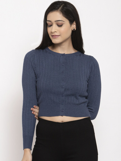 

Global Republic Women Blue Striped Cropped Cardigan