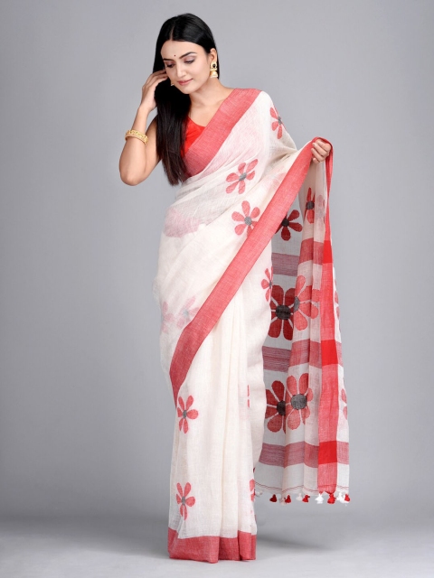 

Mitera White Pure Linen Woven Design Taant Saree