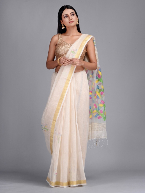 

Mitera Off-White Silk Blend Solid Taant Saree
