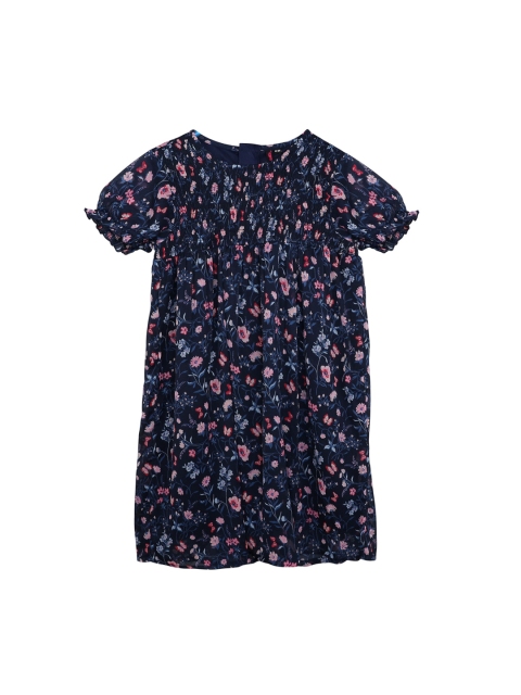 

Ishin DESIGNER STUDIO Girls Navy Blue Floral Printed A-Line Dress