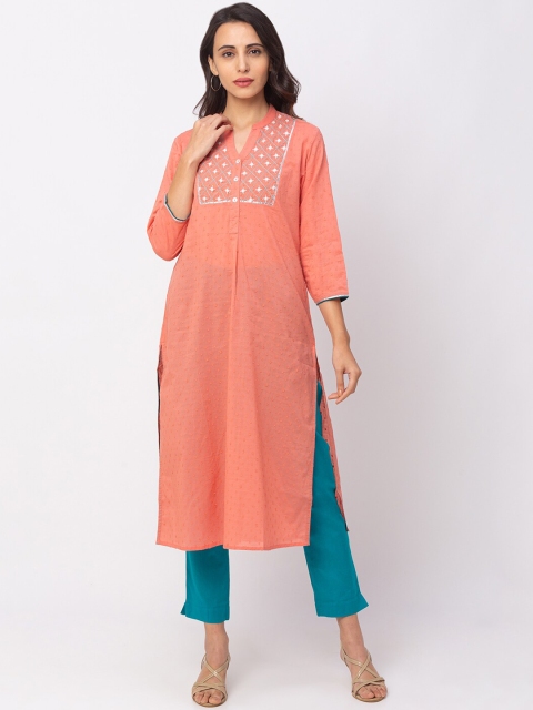 

Globus Women Peach-Coloured Yoke Design Straight Kurta