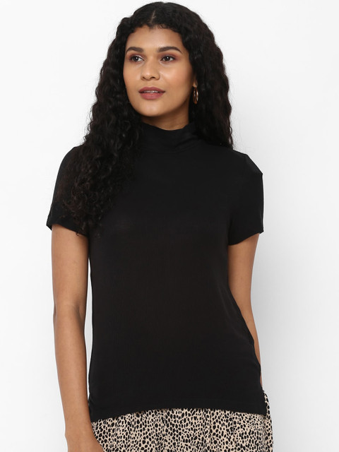 

AMERICAN EAGLE OUTFITTERS Women Black Solid Polo Collar T-shirt
