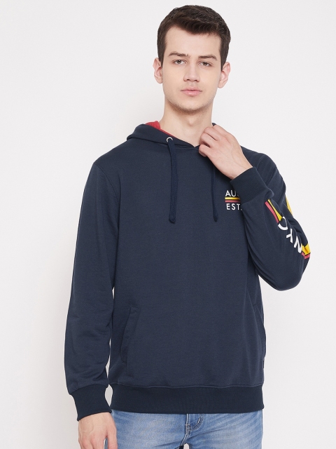

Austin wood Men Navy Blue Solid Hooded Sweatshirt